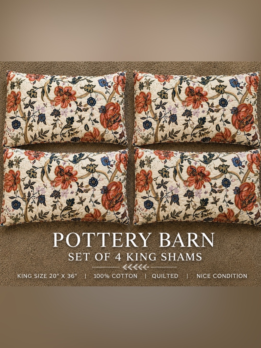 Pottery Barn Set of 4 King Shams Floral Quilted Cotton Pillow Covers 20x36